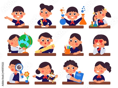 Students sitting at desks. Student study, kids writing or prepare to school. Cute cartoon preschool children, boy girl learning decent vector set