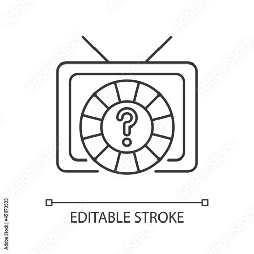 Game show linear icon. Broadcasting television program for entertainment. Media screen. Thin line customizable illustration. Contour symbol. Vector isolated outline drawing. Editable stroke
