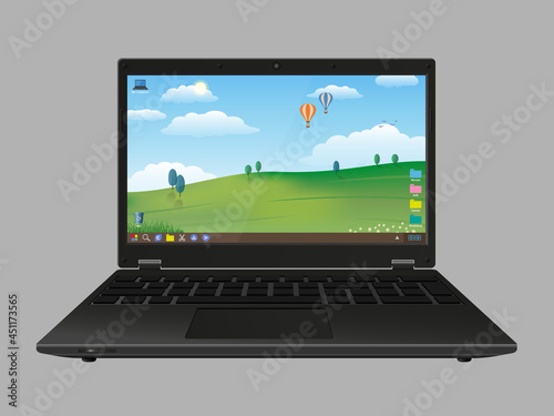 Laptop and desktop snapshot, screensaver. Overlay with switchable screen.  Empty transparent display. Isolated monochromatic background. 3D render. Vector illustration.