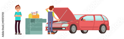Car repair. Man in auto service with vehicle. Mechanic in uniform looking into transport body vector concept