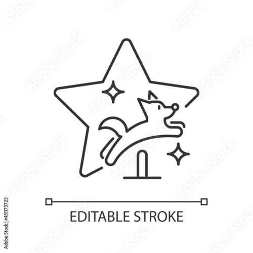 Pet training show linear icon. Dog trick competition. Doggy exhibition. Animal television program. Thin line customizable illustration. Contour symbol. Vector isolated outline drawing. Editable stroke