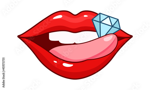 Diamond on tongue. Sexy red lips, female fashion patch. Fashionable kiss and love mouth, isolated cartoon girly vector sticker