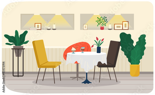 Chairs near single table with tablecloth in restaurant. Place for date in cafeteria  interior of cafe. Desk with flowers  dessert and coffee. Coffee shop interior with furniture  food and drinks