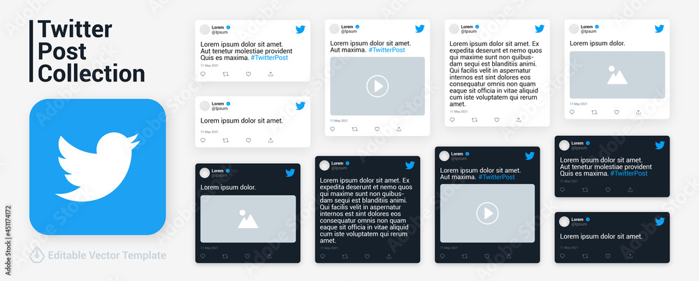 Twitter post template collection vector. Isolated Twitter tweet frame  mockups set. Editable text and empty pictures on tweets posts. Realistic  mockup design. Editorial vector stock. Stock Vector | Adobe Stock