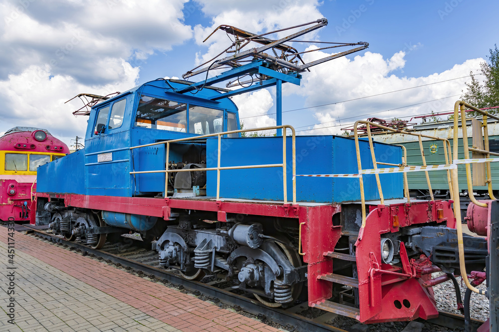 Rare Soviet retro electric locomotive. Exposition area of RZD railway vehicles at Rizhskaya station. Moscow, Russia Rare Soviet retro electric locomotive. Exposition area of RZD railway vehicles at Rizhskaya station. Moscow, Russia