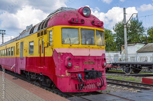 Rare Soviet retro electric locomotive. Exposition area of RZD railway vehicles at Rizhskaya station. Moscow, Russia