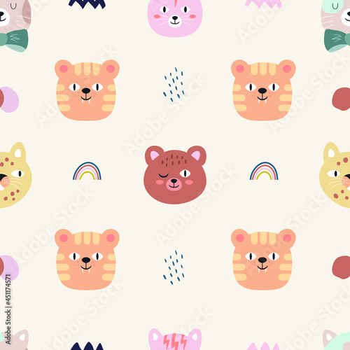 Hand drawn Animals vector seamless pattern pink background. Tiger, cats, bear,  leopard print. Doodle illustration. 