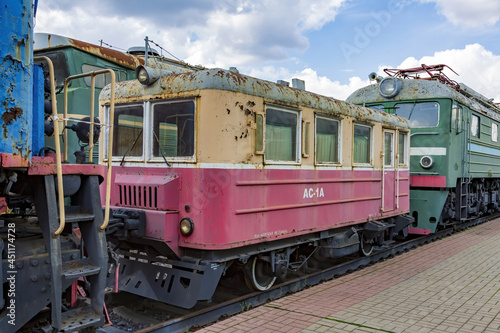 Rare Soviet retro electric locomotive. Exposition area of RZD railway vehicles at Rizhskaya station. Moscow, Russia