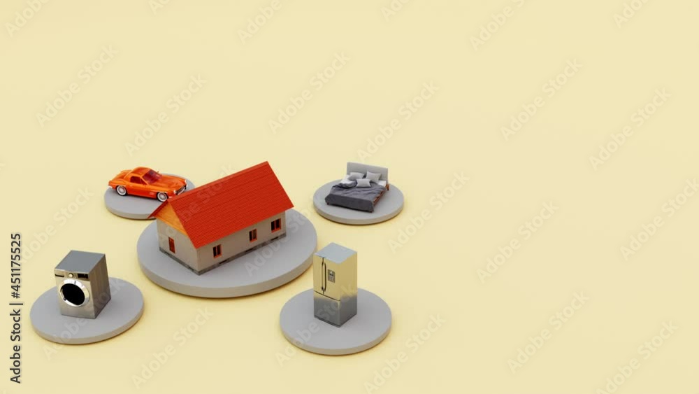 bed, refrigerator, car, house. things that a person needs. 3d visualization. human values bed, refrigerator, car, house. things that a person needs. 3d visualization. human values