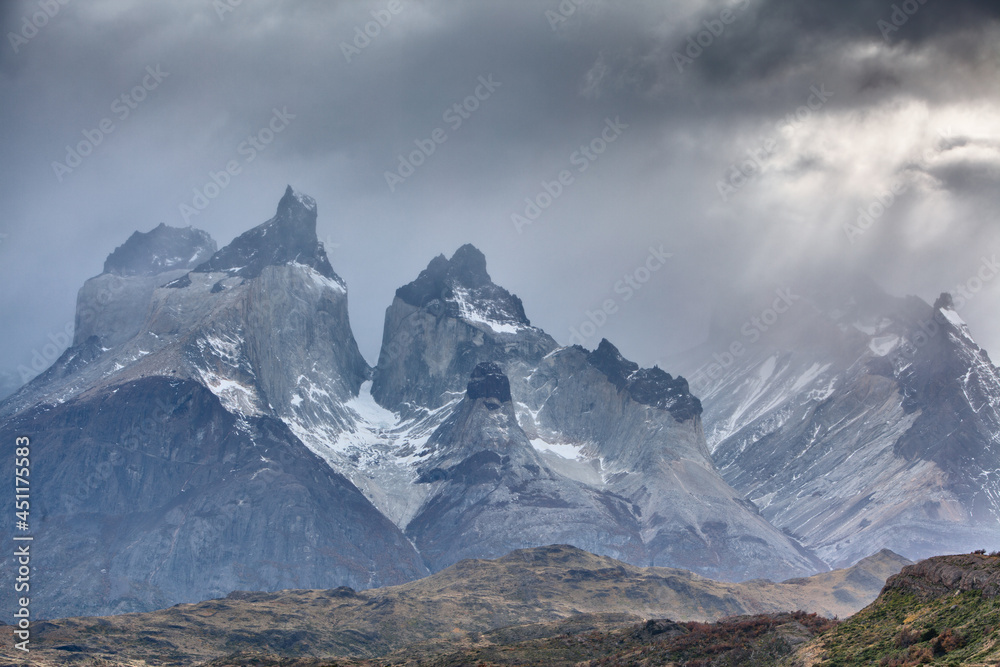 Bad weather over the famous mountain peaks of Los Cuernos (The Horns) in Torres del Paine National Park, Patagonia
