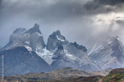 Bad weather over the famous mountain peaks of Los Cuernos (The Horns) in Torres del Paine National Park, Patagonia 