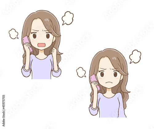 携帯電話で話すロングヘア女性 怒った顔　ポーズ2種類（上半身）