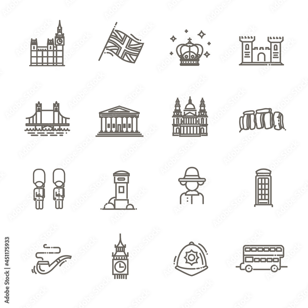 Themed icons of London, linear symbols collection. England showplace, isolated vector illustration