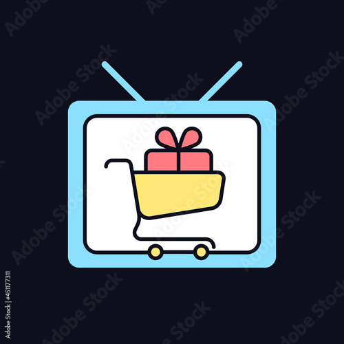 Shopping show RGB color icon for dark theme. Teleshopping program. Television entertainment series. Isolated vector illustration on night mode background. Simple filled line drawing on black