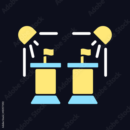 Political show RGB color icon for dark theme. President debate broadcast on television. Government congress. Isolated vector illustration on night mode background. Simple filled line drawing on black