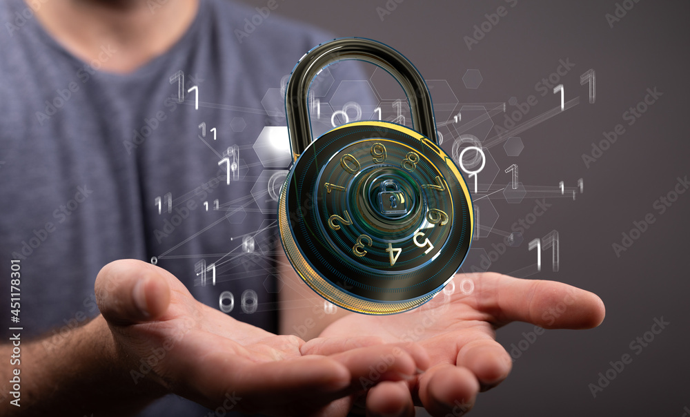Businessman using digital padlock with data protection 3D rendering Businessman using digital padlock with data protection 3D rendering