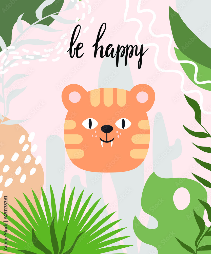 Cute poster with little tiger. Vector prints for baby room, baby shower, greeting card, kids and baby t-shirts and wear. Hand drawn nursery. Be happy lettering. Cute poster with little tiger. Vector prints for baby room, baby shower, greeting card, kids and baby t-shirts and wear. Hand drawn nursery. Be happy lettering.