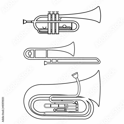 Set of musical wind instruments trumpet trombone tuba, black contour isolated vector illustration
