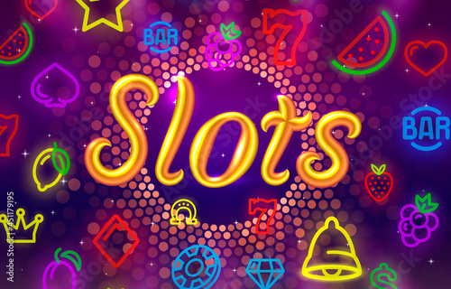 Slots neon icons, casino slot sign machine, night Vegas. Vector