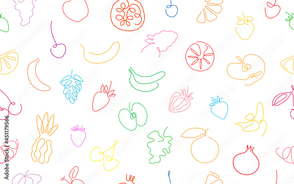 One line art style fruits seamless pattern. Abstract creative food in minimalism design. Hand drawn vector illustration.