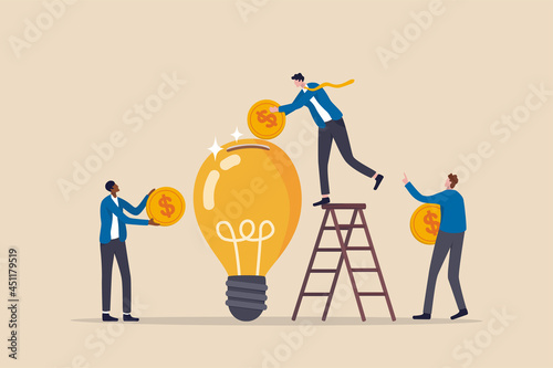 Fundraising idea, funding new innovative project, donation, investing or VC venture capital to support startup idea concept, business people donate or contribute fund raiser new lightbulb project. photo