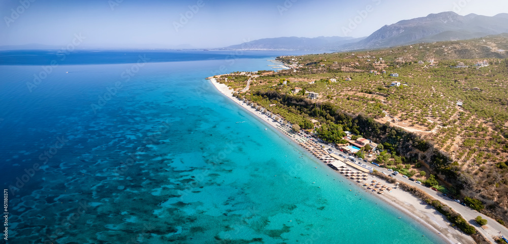 Panoramic aerial view of the beautiful coast of north Mani, close to Kalamata, with truquoise sea at the popular Santova beach, Greece