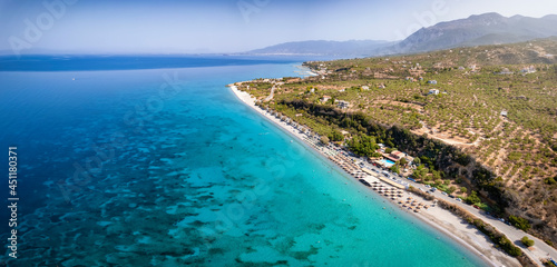 Panoramic aerial view of the beautiful coast of north Mani  close to Kalamata  with truquoise sea at the popular Santova beach  Greece