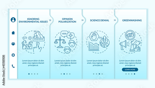 Ignoring environmental issues onboarding vector template. Responsive mobile website with icons. Web page walkthrough 4 step screens. Science denial color concept with linear illustrations