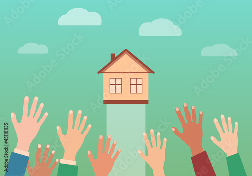 Great demand for private houses. Hands of people wanting to buy a house and real estate, vector illustration