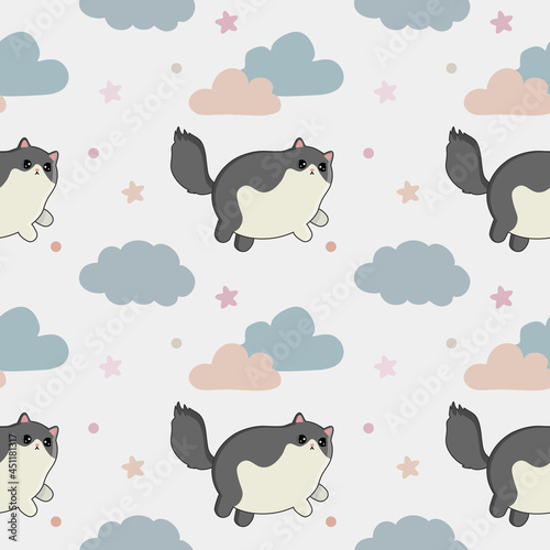 Fototapeta Naklejka Na Ścianę i Meble -  Seamless childish pattern with cute cats, clouds, stars. Baby texture for fabric, wrapping, textile, wallpaper, clothing. Vector illustration