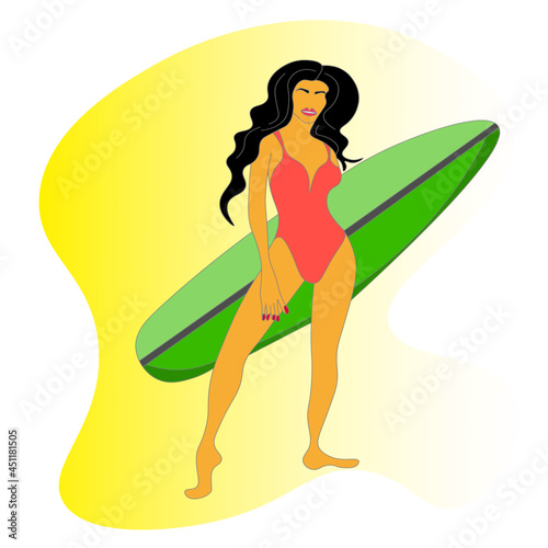 beautiful sexy brunette with a surfboard. Vector. A girl poses against the background of leaves. A summer surfer girl from California. Hawaiian beach surfer, in the style of a flat cartoon