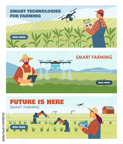 Set of templates for landing page about smart technologies for farming. Characters control robots for farming business. Vector flat illustration.