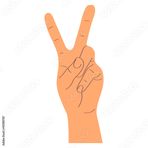 Hand shows finger number two . Gesture. Shows the number two with the fingers of the hand.Vector illustration in flat style.