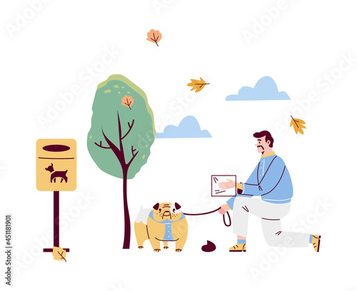Vector flat cartoon illustration of man who walks dog in park and cleans up after his pet isolated on white background.