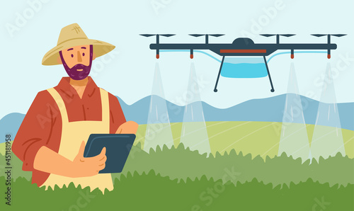 Vector flat illustration of smart farming using digital technologies and drones to automate irrigation of agriculture. Farmer controls quadcopter from tablet and irrigates field.