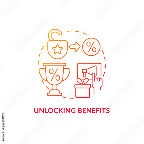 Unlocking benefits red gradient concept icon. Loyalty program gamification abstract idea thin line illustration. Earn bonuses and benefits for discount. Vector isolated outline color drawing.