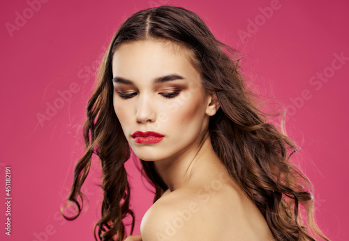 pretty woman bare shoulders luxury pink background