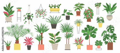 Big set of home plants isolated on a white background. Collection of indoor plants in pots. Home decor. Vector illustration in flat style.