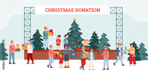 Christmas charity and donation event with volunteers, vector illustration.