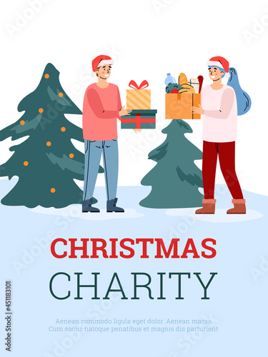 Young people characters collect food, gifts for christmas donation.