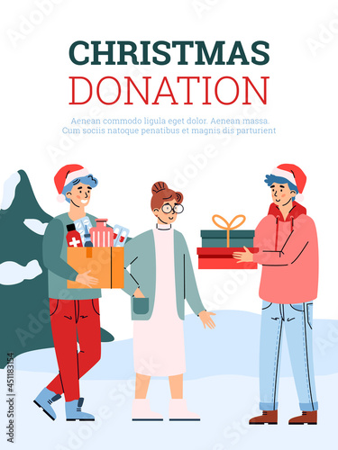 Vector poster with volunteers of charity foundation greeting woman with christmas
