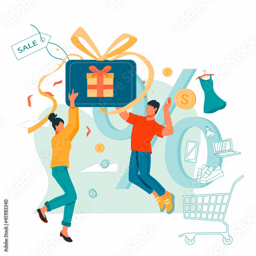 People saving money buying things. Card cashback, customer loyalty program and money saving concept, flat vector illustration isolated on white background.