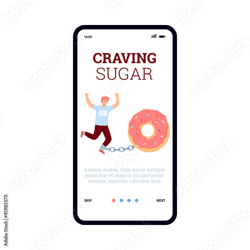 Craving and unhealthy addiction to sugar onboarding page, vector illustration.