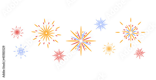 Colorful fireworks exploding in the sky, flat vector illustration isolated.