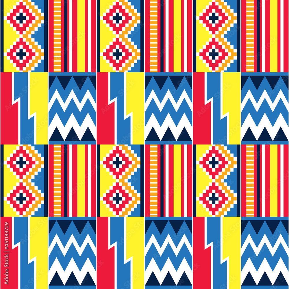 African tribal design Kente nwentoma textile style vector seamless design in blue, red and yellow, geometric pattern inspired by Ghana traditional cloths
