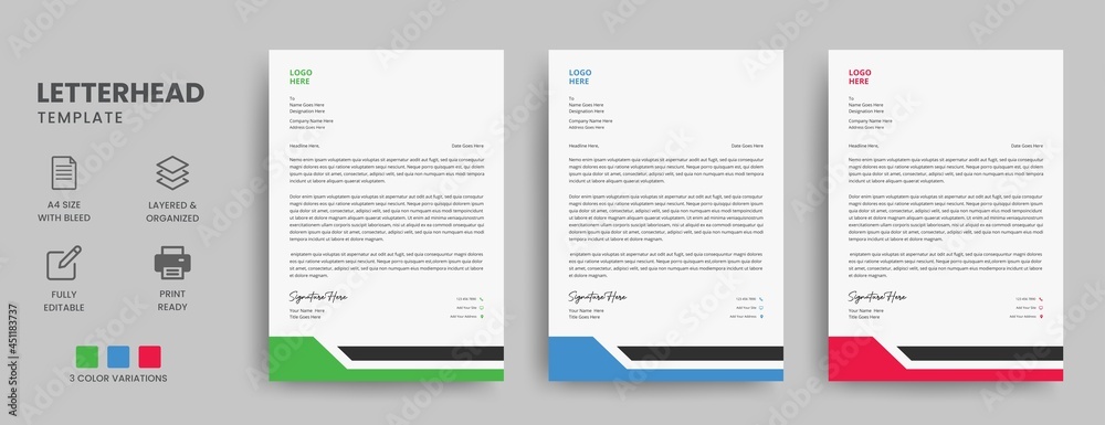 Modern Business Letterhead Design. Creative Minimal Simple  Corporate Red Green Blue Letterhead Design Template.  Abstract Business Letterhead Design