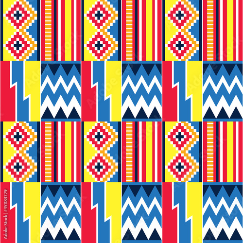 African tribal design Kente nwentoma textile style vector seamless design in blue, red and yellow, geometric pattern inspired by Ghana traditional cloths 