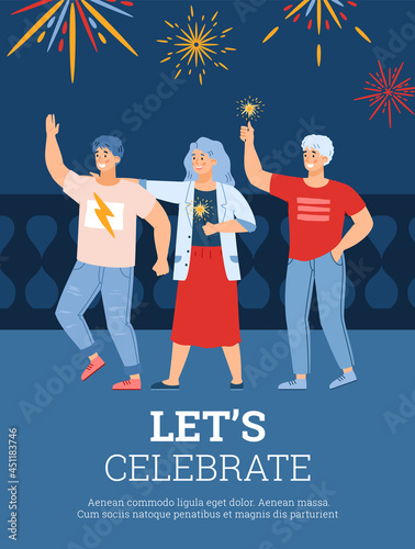 Poster with happy young people enjoying holiday party outdoors with fireworks.