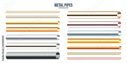 Various steel and copper pipes collection. Construction material. Polished metal texture. Silver gradient. Vector illustration.