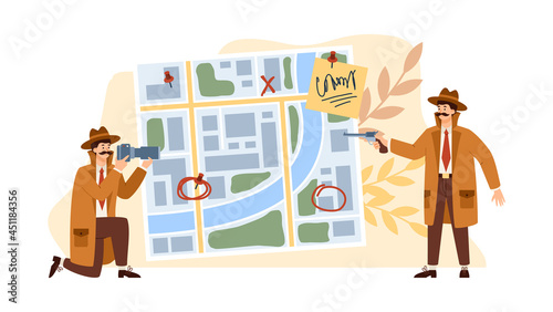 Detectives against investigation board, flat vector illustration isolated.